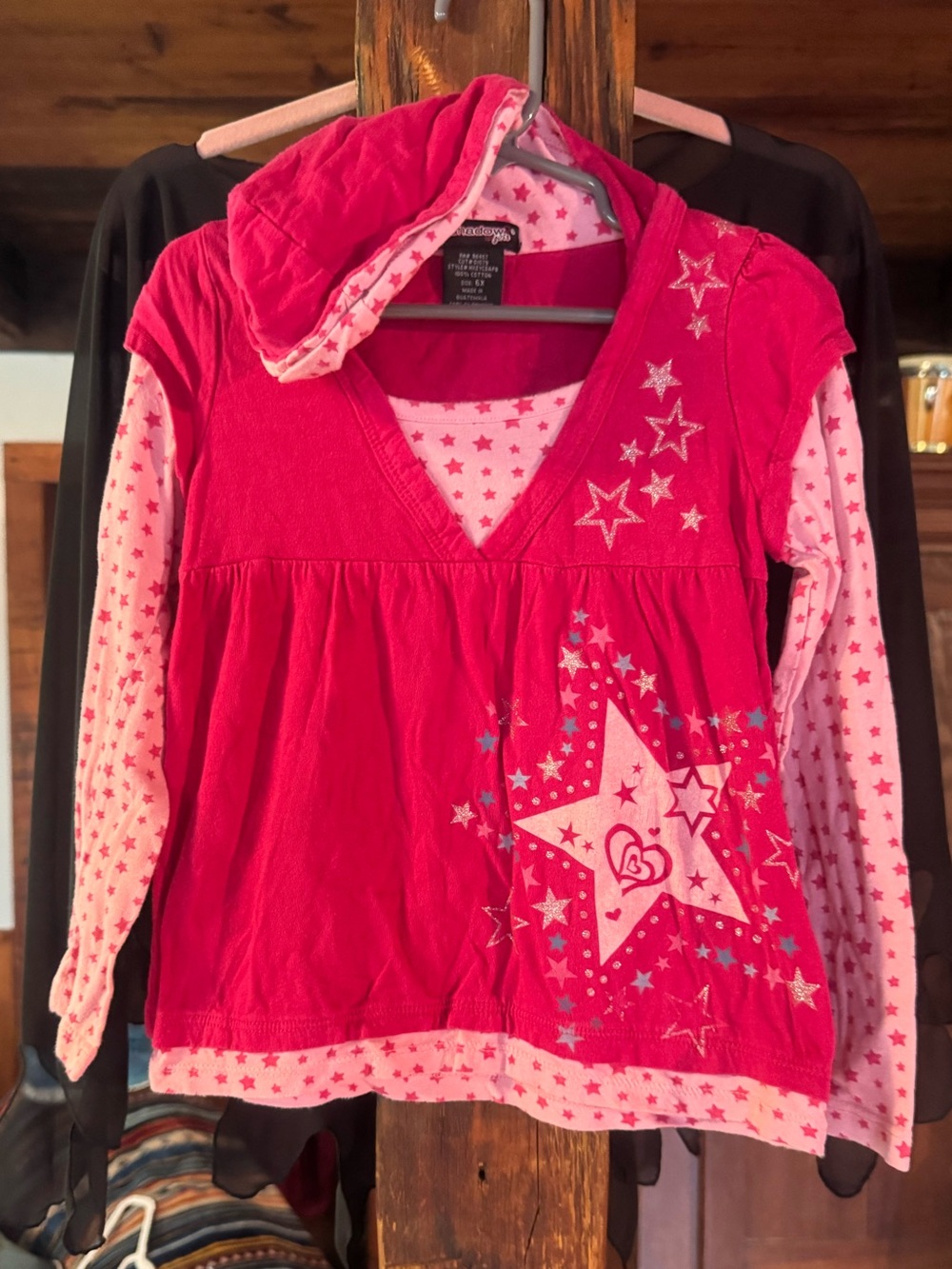 Eyeshadow Girls Hot Pink Star hooded lonsleeve teeshirt Y2K size girls 6x